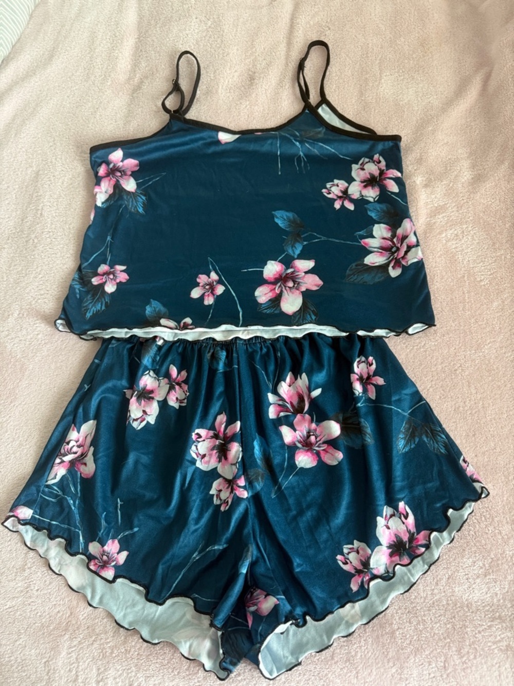SHEIN Navy Floral Satin Cami & Shorts Pajama Set with Pink Blossoms